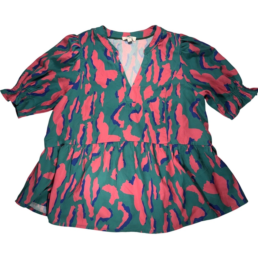 Umgee‎ Women M Teal Pink Abstract Print Puff Sleeve Peplum Babydoll Top R0379